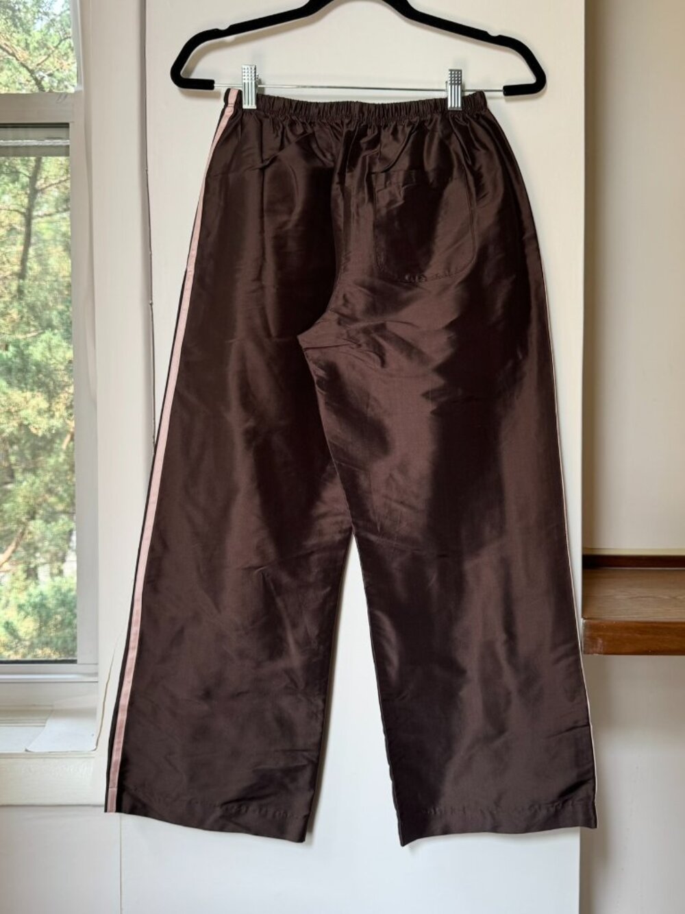 DONNI x Nuuly Silk Taffeta Track Pants Brown Pink Small - Picture 6 of 12